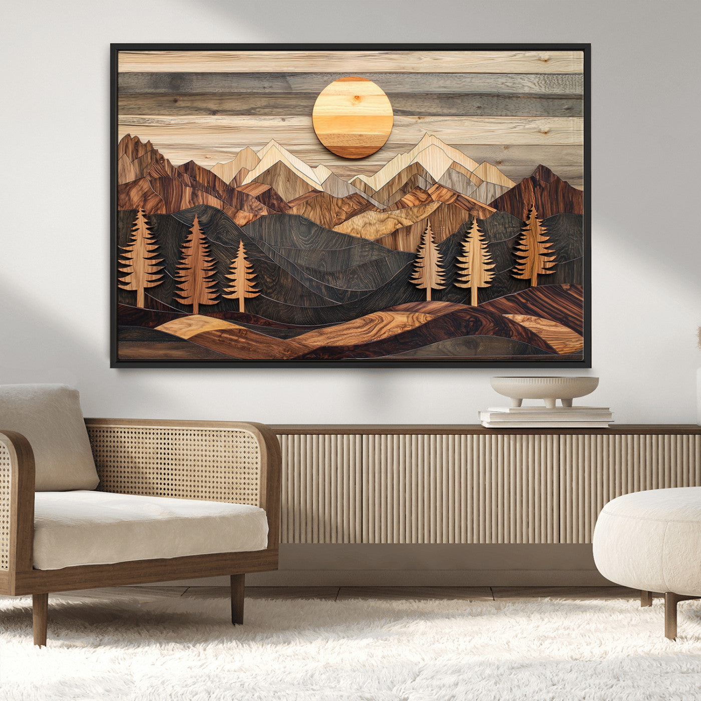 Wooden Mountain Layers Art – Rustic Pine Tree Landscape