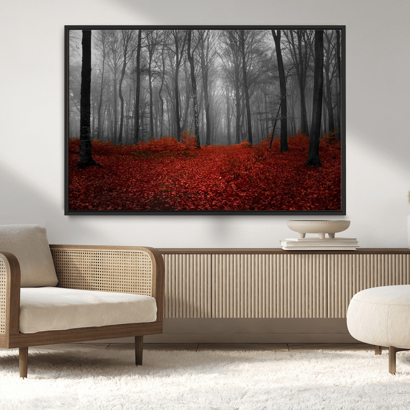 Red Forest Floor Canvas Wall Art – Mystical Foggy Woodland