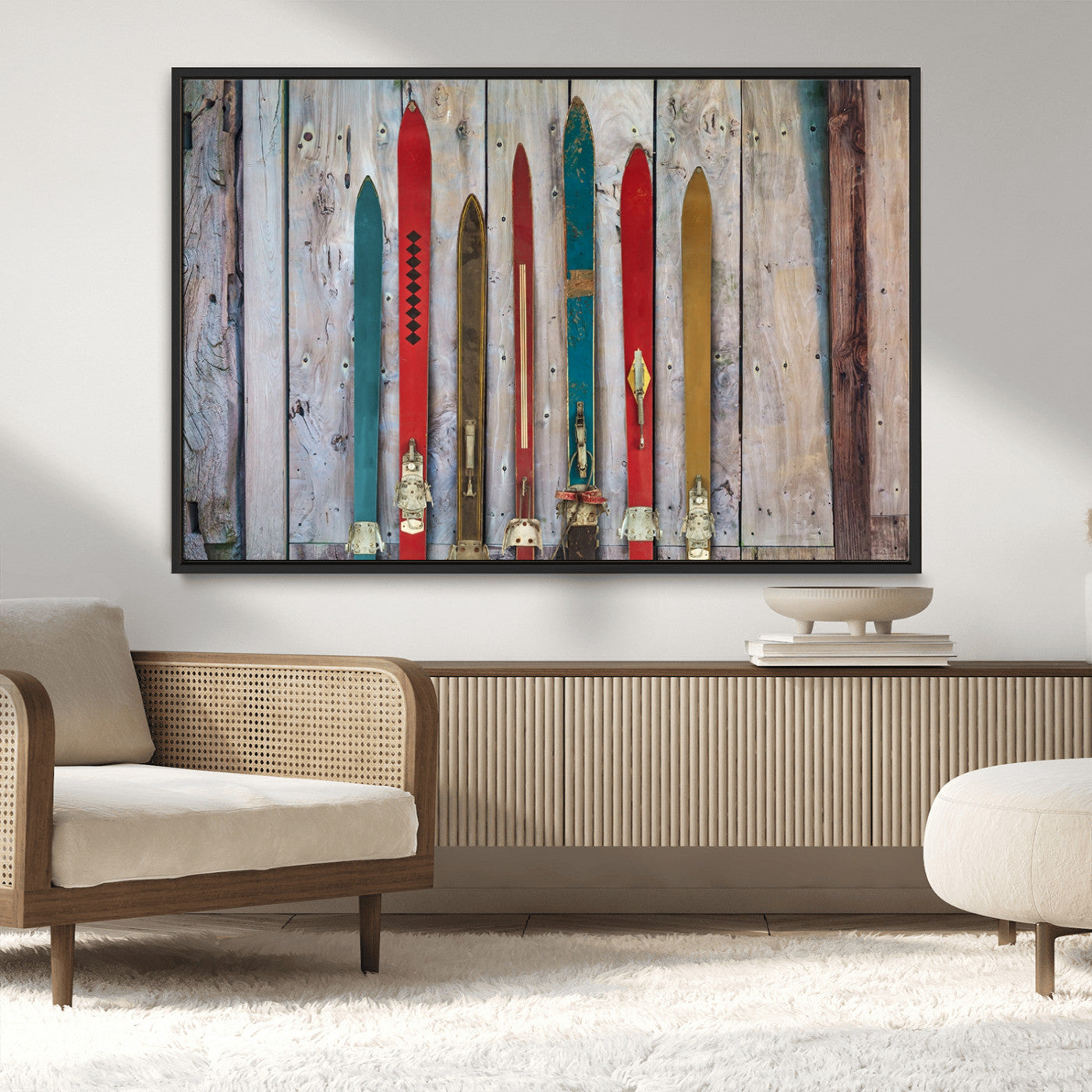 Vintage Wooden Weathered Ski's in Front of an Old Barn Wall