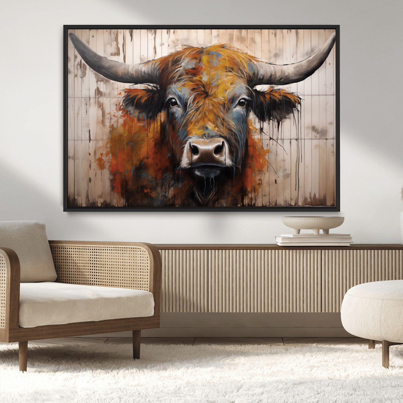 Scottish Highland Cow Cattle Art Print on Wood Style