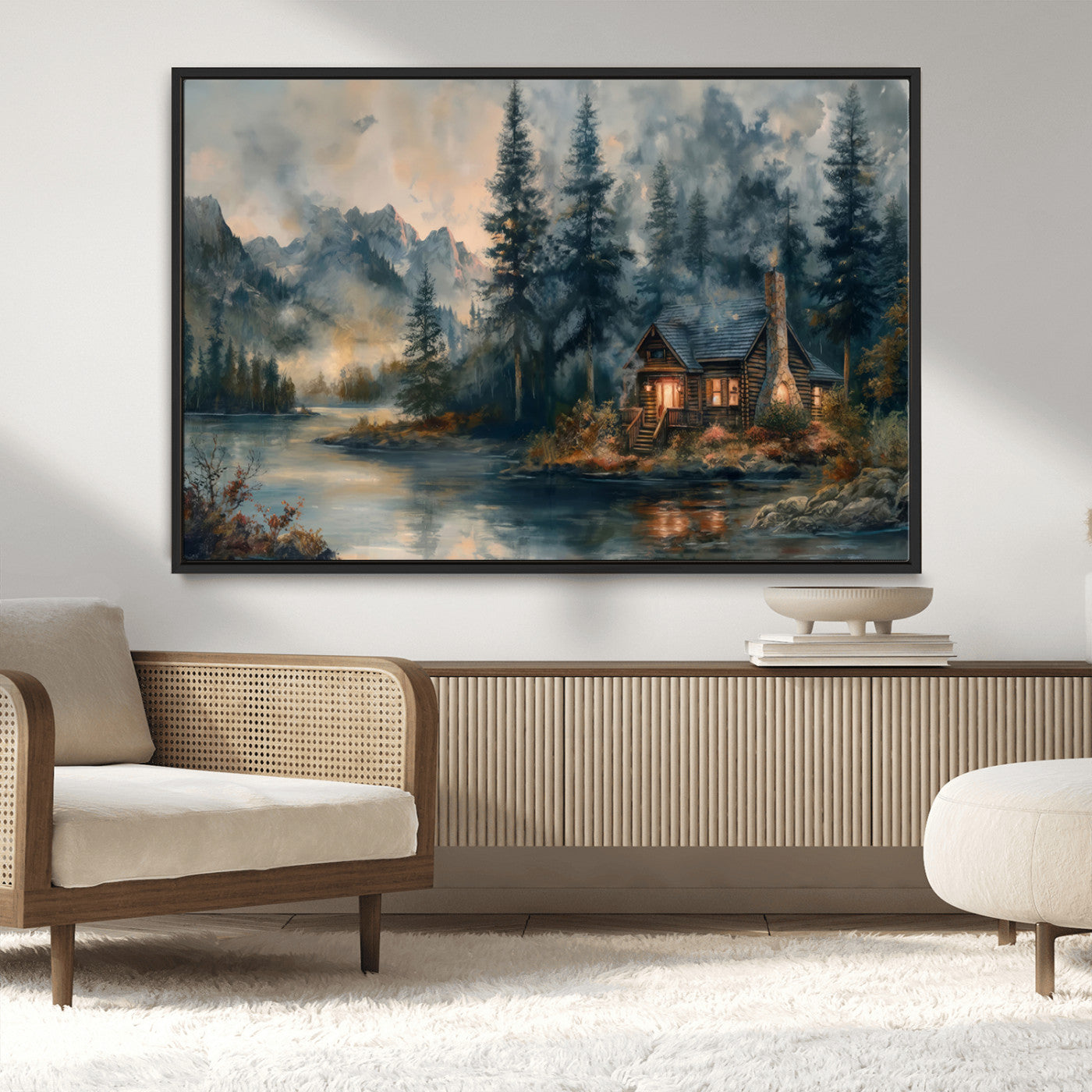 Rustic Cabin Woods Wall Art Print | Lake in a Forest Canvas