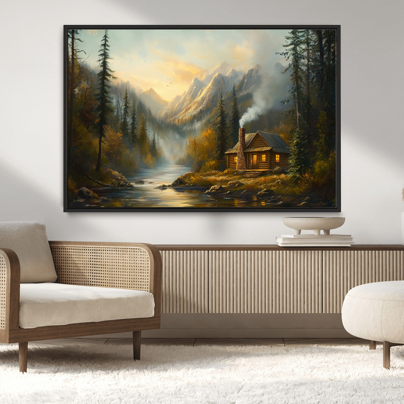 Wood Cabin Retreat Mountain at Sunset Wall Art Print -
