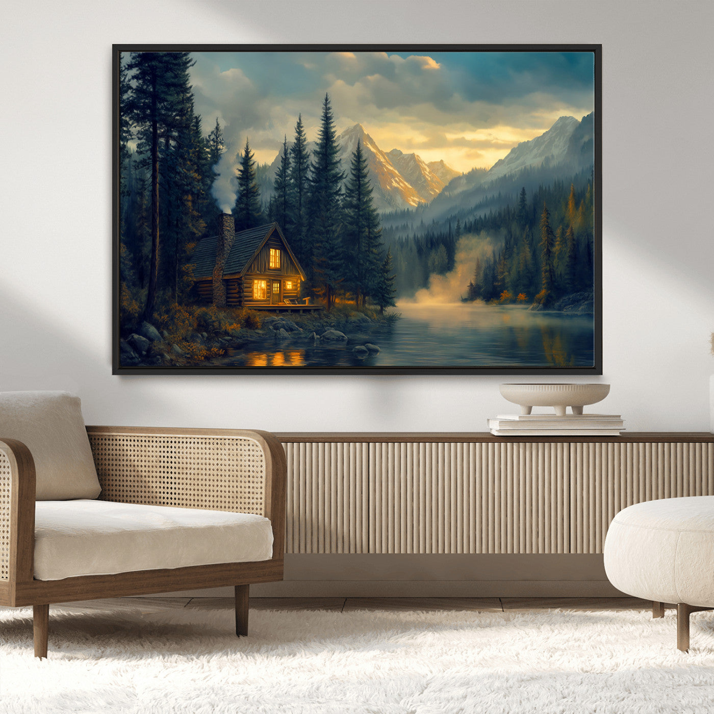 Mountain Cabin by the Lake at Sunset Wall Art - Serene