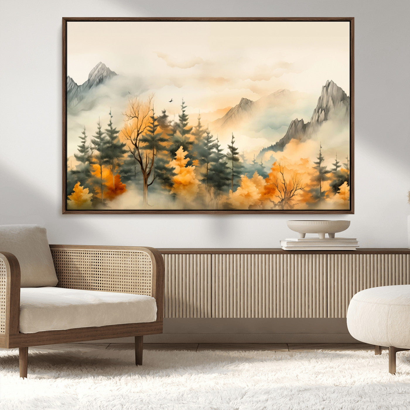 Abstract Watercolor Mountains and Trees Autumn Art,