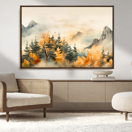 Abstract Watercolor Mountains and Trees Autumn Art,