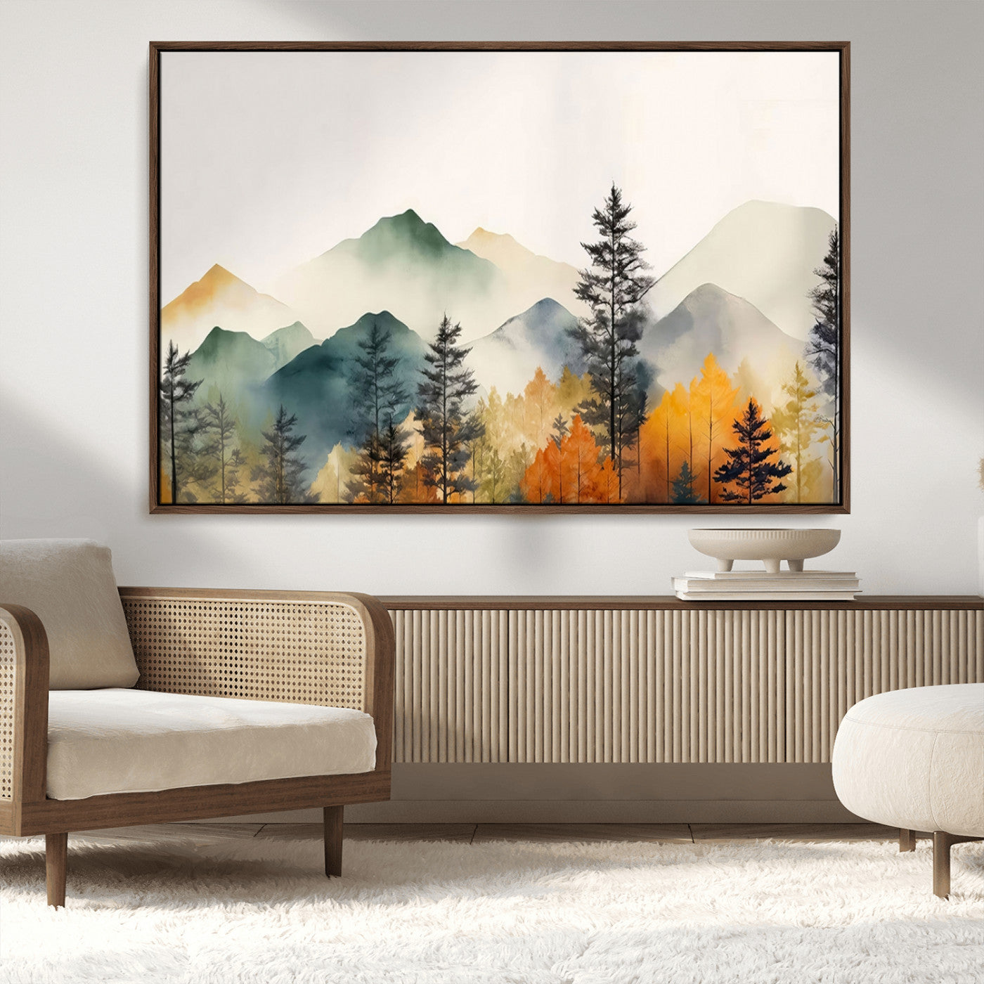 Abstract Watercolor Mountains and Trees Autumn Wall Art,