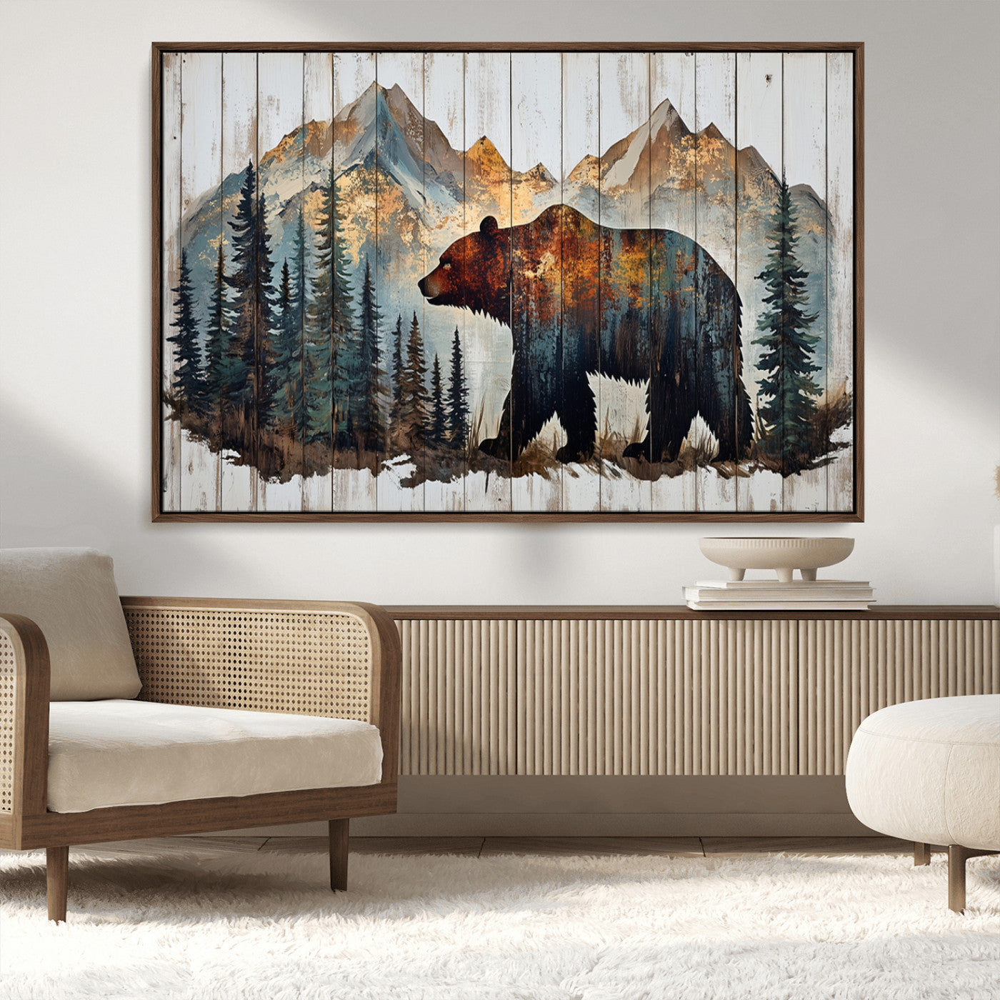 Rustic Grizzly 399 Bear and Mountain Wood Canvas Wall Art -