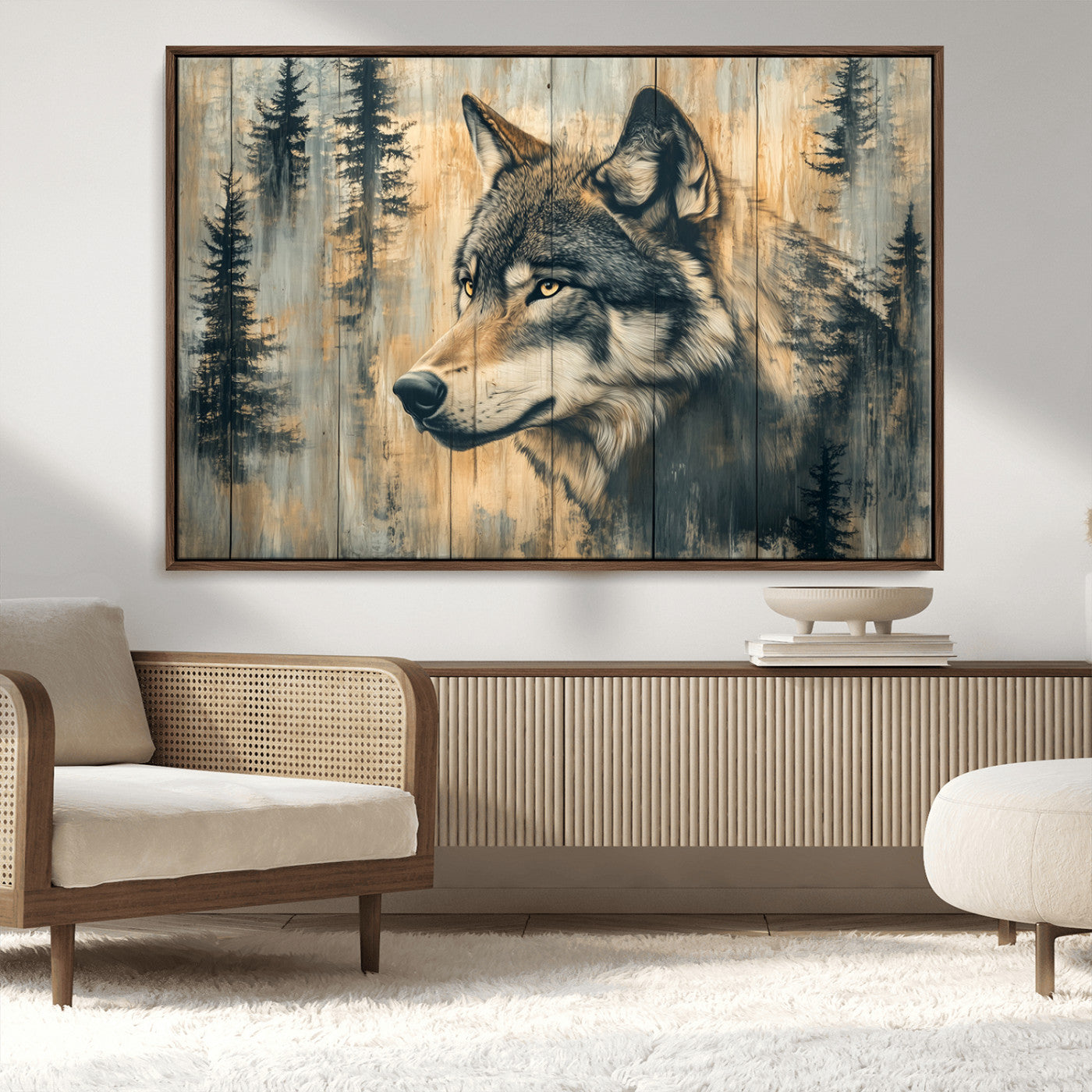 Wood Style Rustic Wolf Wall Art Canvas Print, Vintage