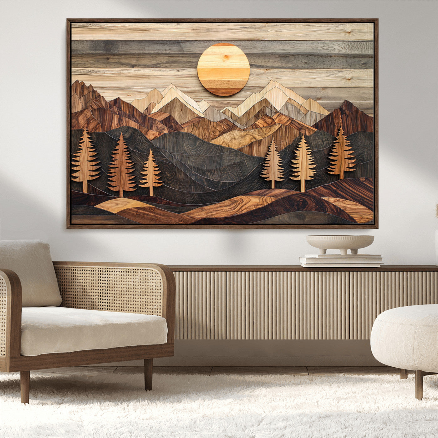 Wooden Mountain Layers Art – Rustic Pine Tree Landscape