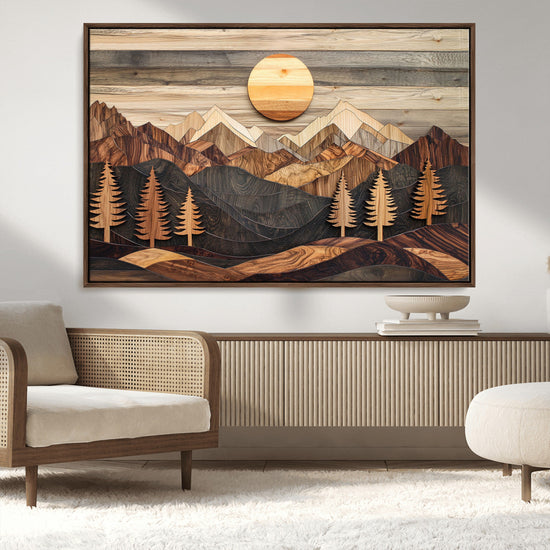 Wooden Mountain Layers Art – Rustic Pine Tree Landscape
