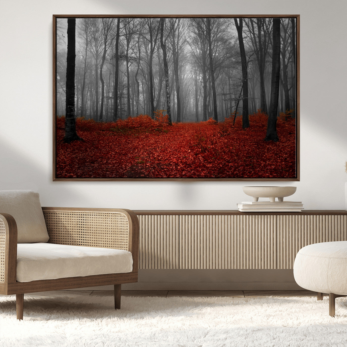Red Forest Floor Canvas Wall Art – Mystical Foggy Woodland