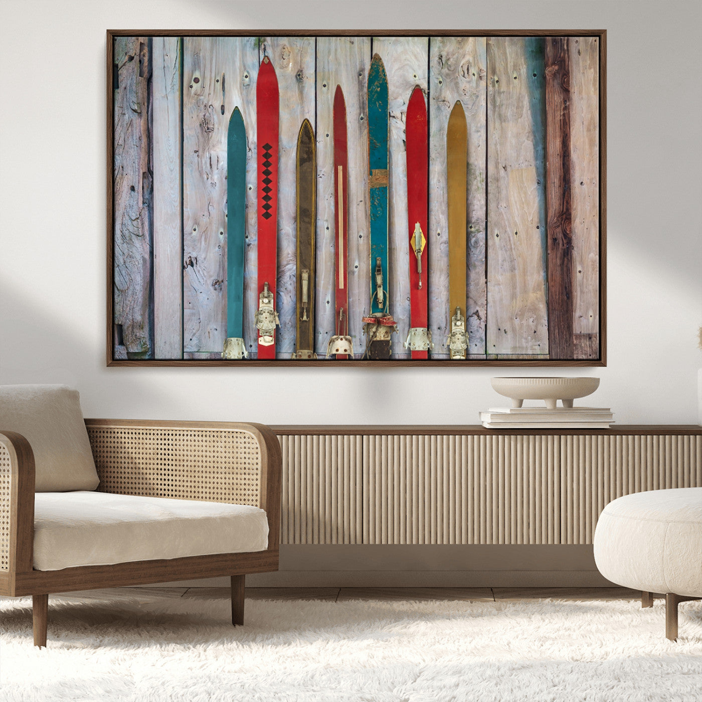 Vintage Wooden Weathered Ski's in Front of an Old Barn Wall