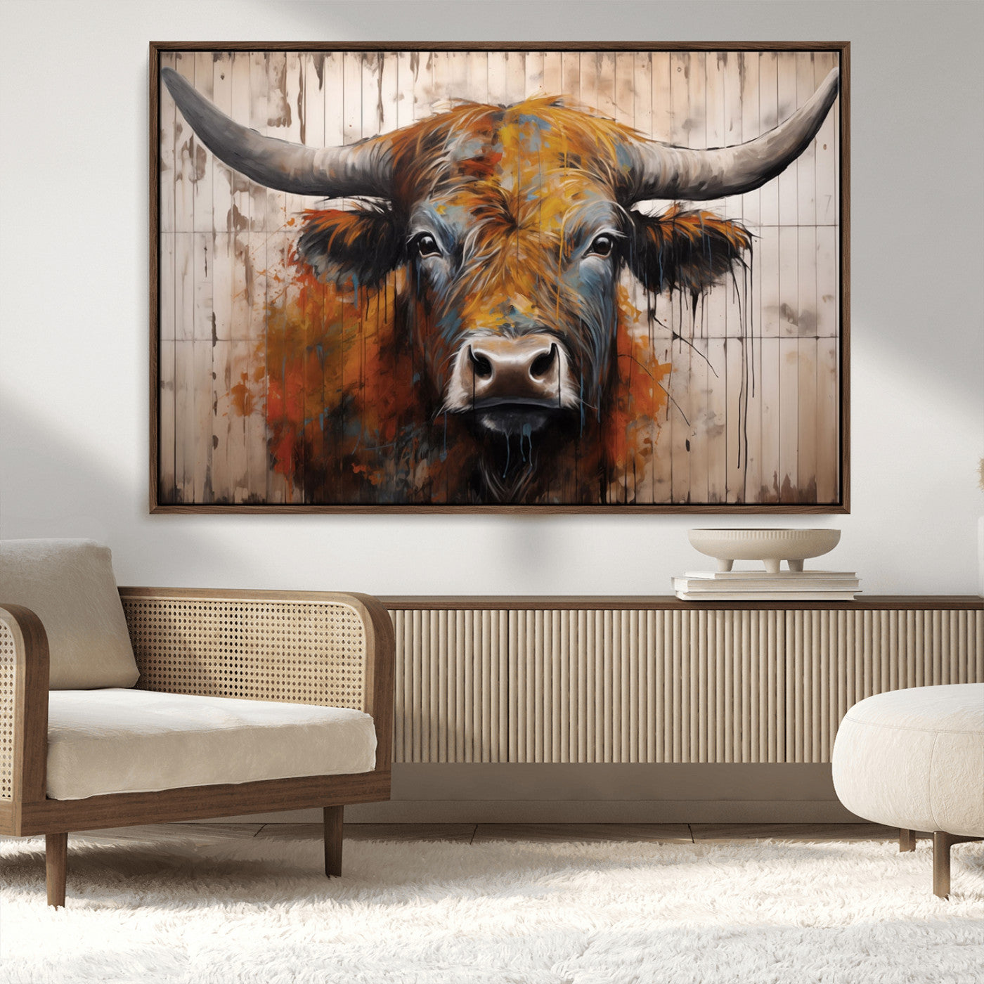 Scottish Highland Cow Cattle Art Print on Wood Style