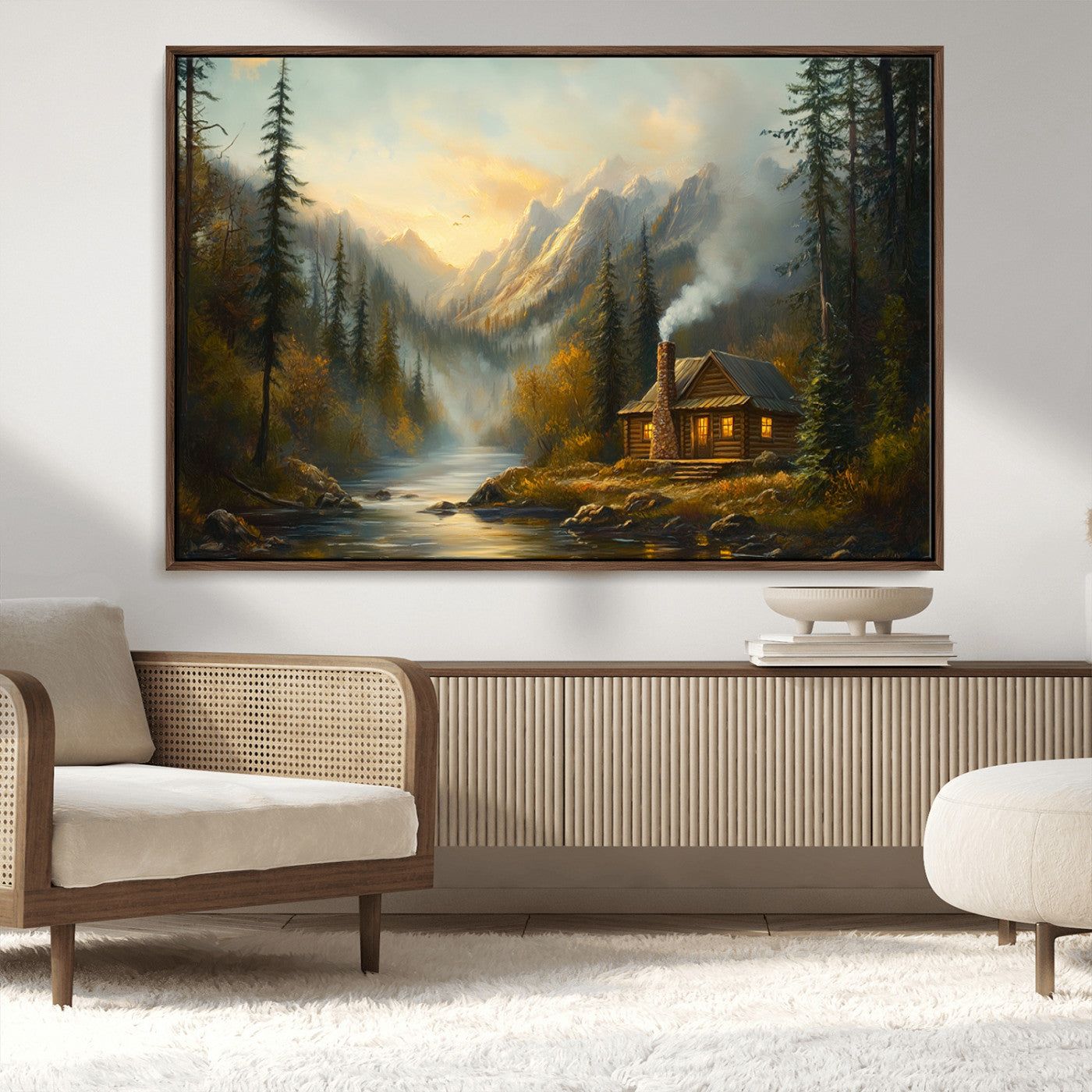 Wood Cabin Retreat Mountain at Sunset Wall Art Print -