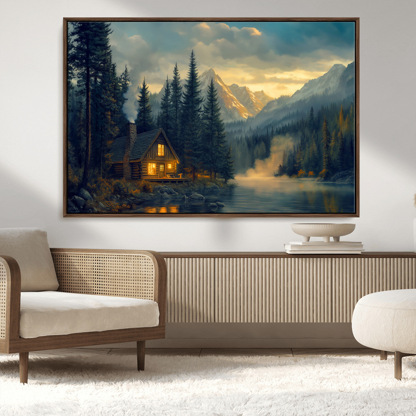 Mountain Cabin by the Lake at Sunset Wall Art - Serene