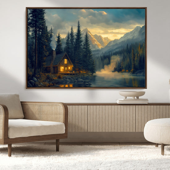 Mountain Cabin by the Lake at Sunset Wall Art - Serene