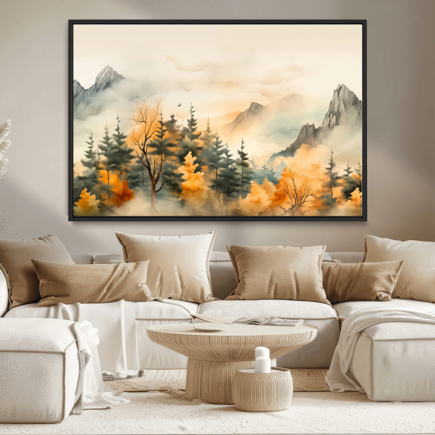 Abstract Watercolor Mountains and Trees Autumn Art,