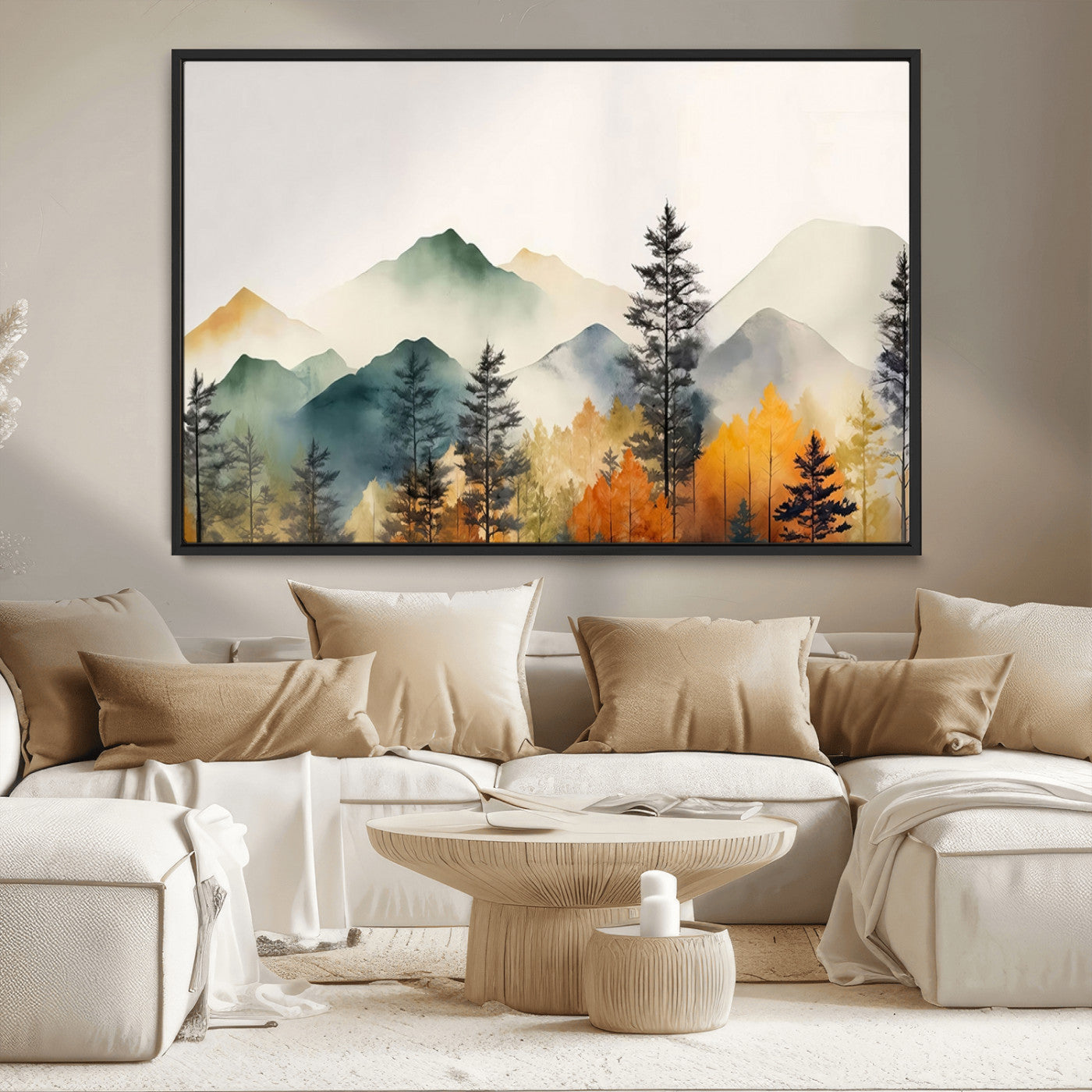 Abstract Watercolor Mountains and Trees Autumn Wall Art,