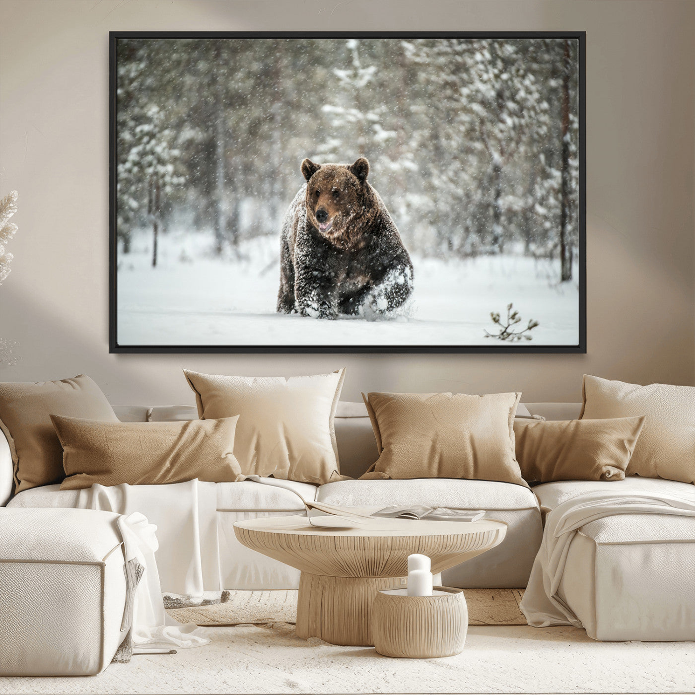 Grizzly Bear Wall Art – Framed Snowy Forest Canvas Artwork,