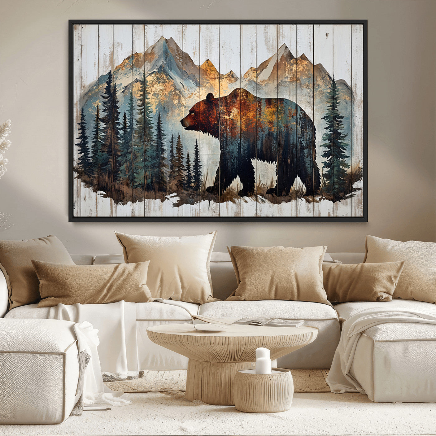 Rustic Grizzly 399 Bear and Mountain Wood Canvas Wall Art -