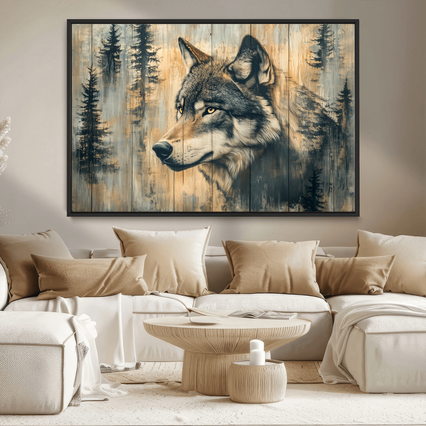 Wood Style Rustic Wolf Wall Art Canvas Print, Vintage