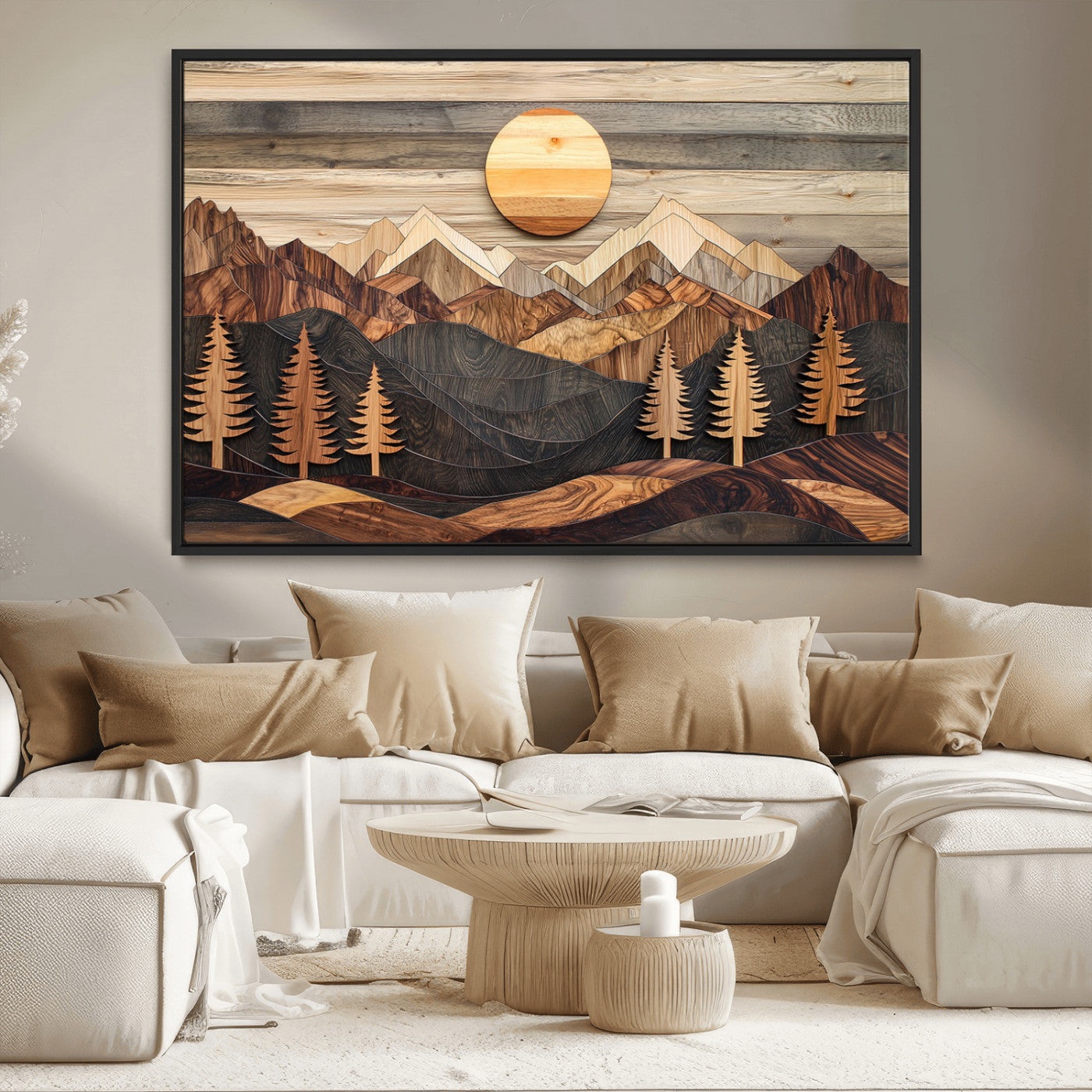Wooden Mountain Layers Art – Rustic Pine Tree Landscape