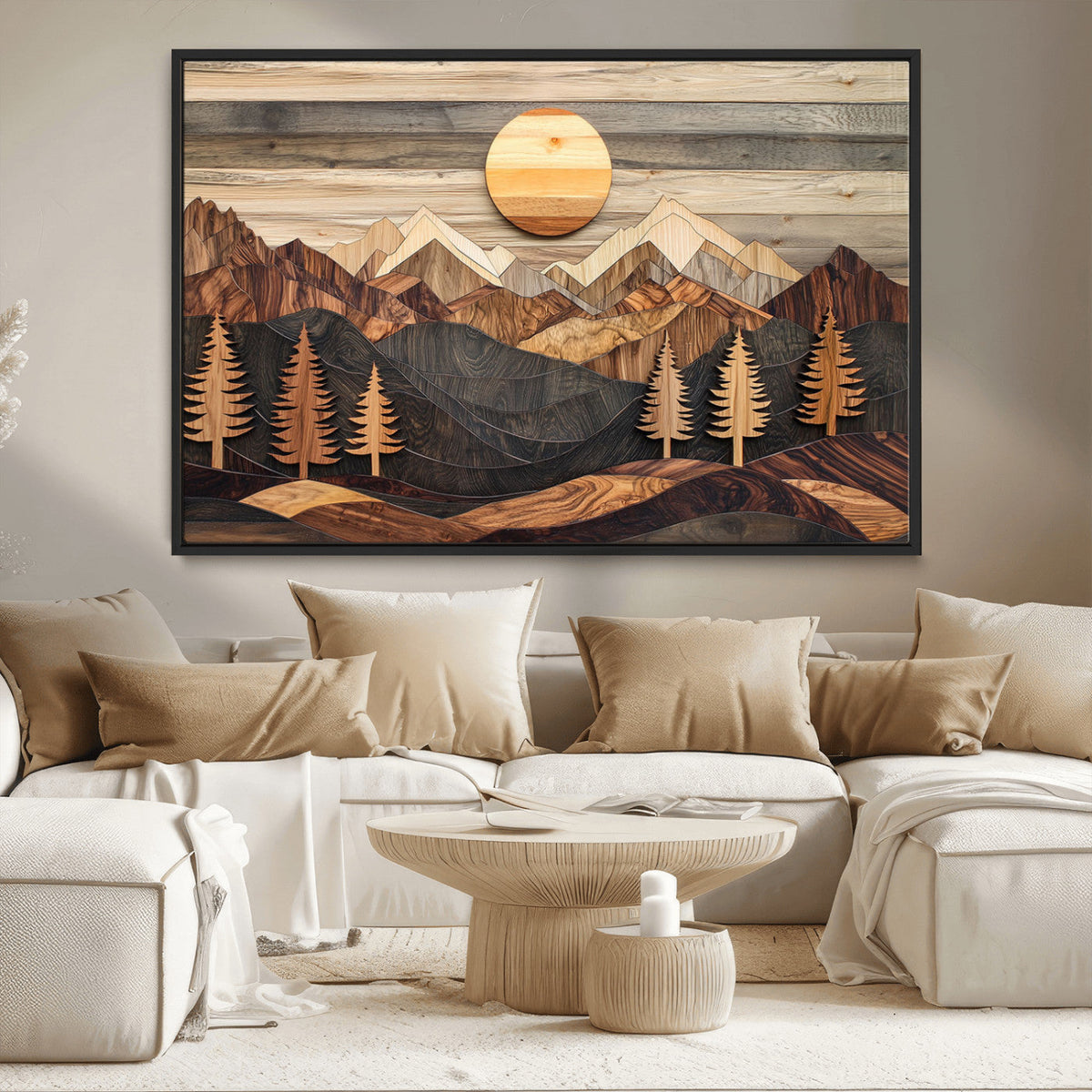 Wooden Mountain Layers Art – Rustic Pine Tree Landscape