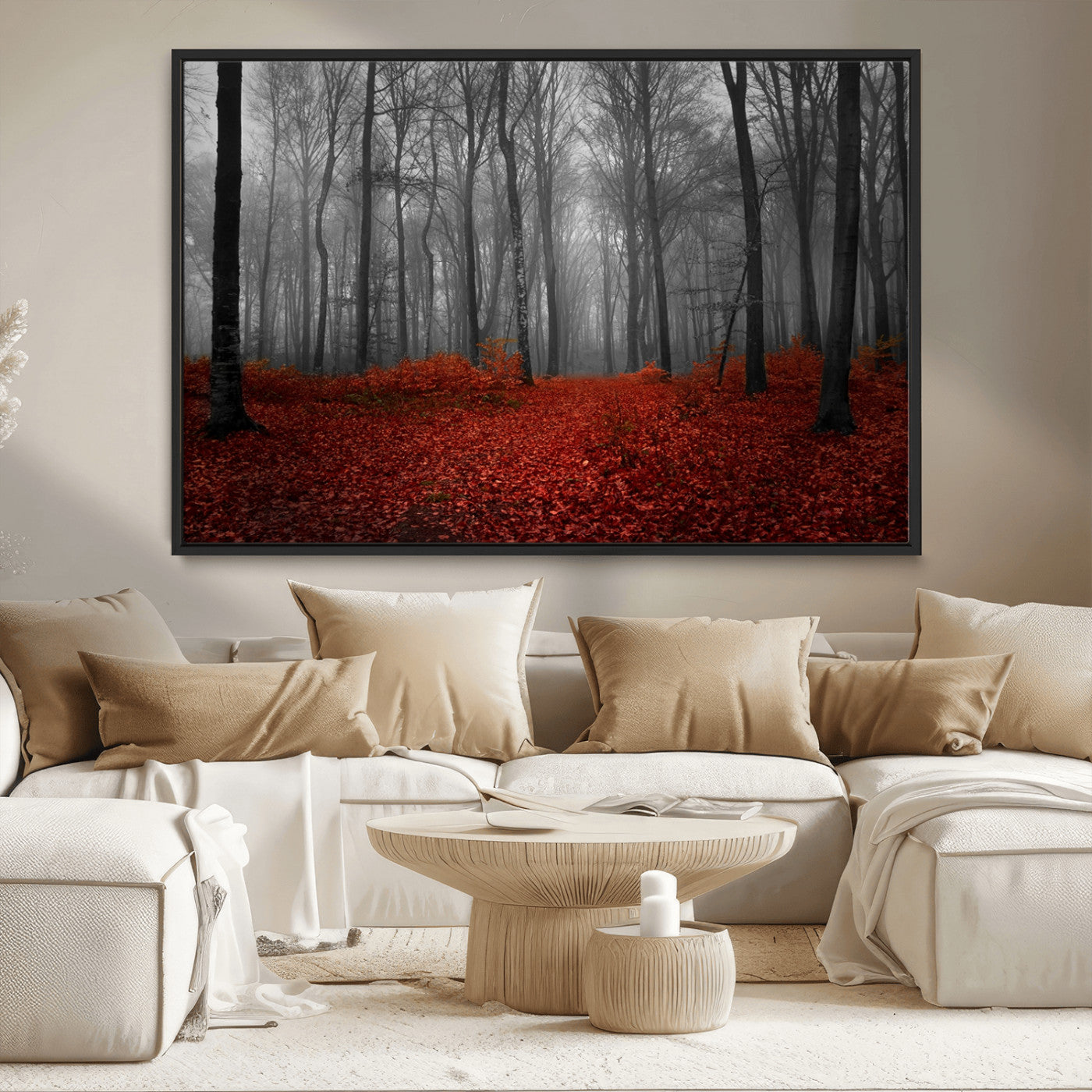 Red Forest Floor Canvas Wall Art – Mystical Foggy Woodland