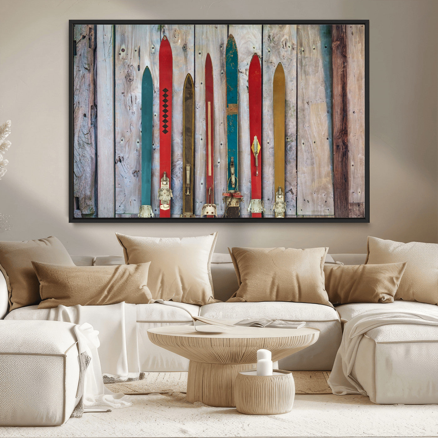 Vintage Wooden Weathered Ski's in Front of an Old Barn Wall