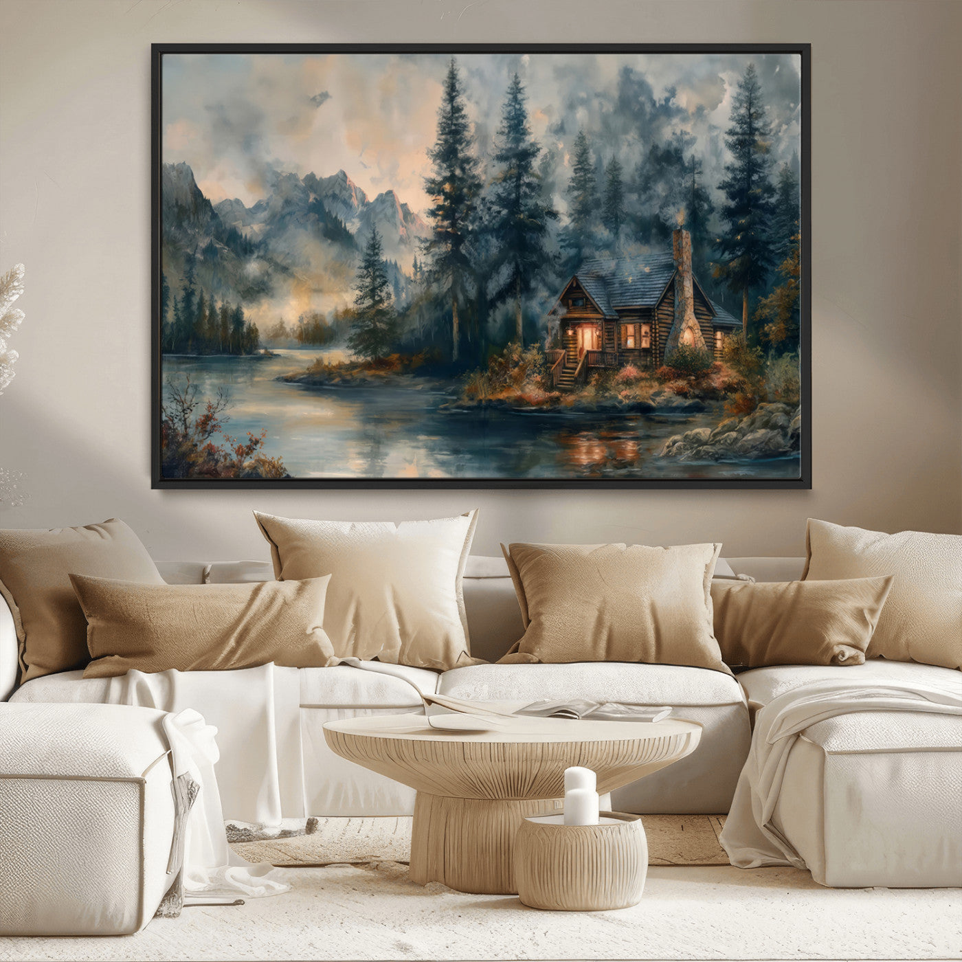 Rustic Cabin Woods Wall Art Print | Lake in a Forest Canvas