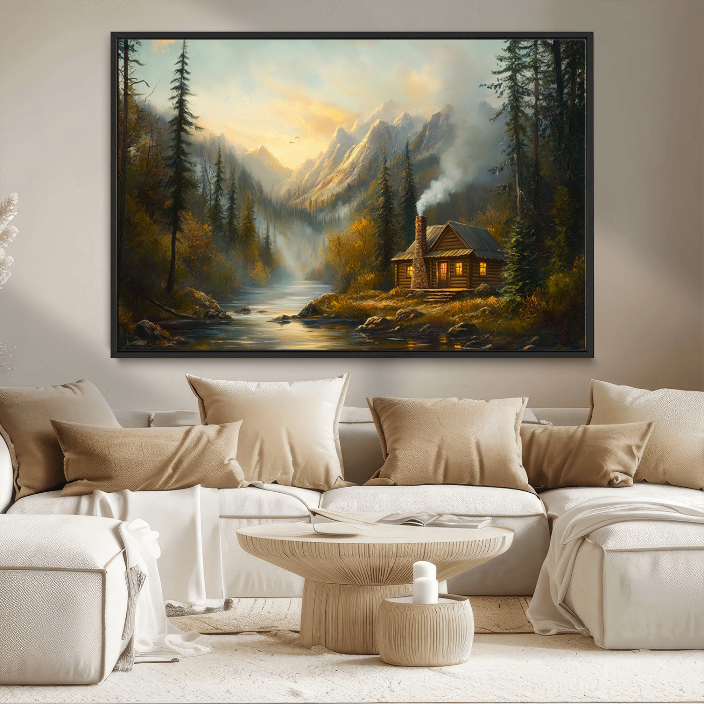 Wood Cabin Retreat Mountain at Sunset Wall Art Print -