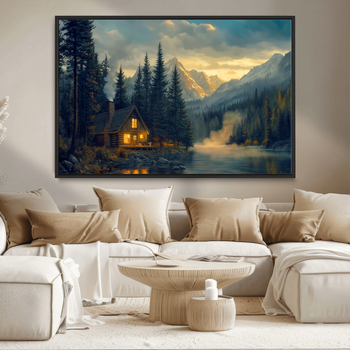 Mountain Cabin by the Lake at Sunset Wall Art - Serene
