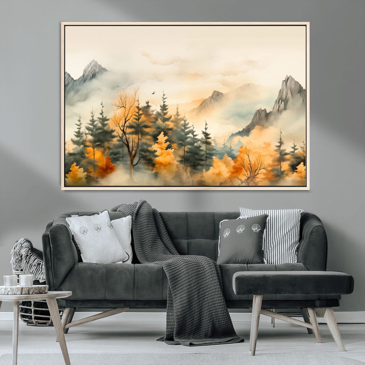 Abstract Watercolor Mountains and Trees Autumn Art,