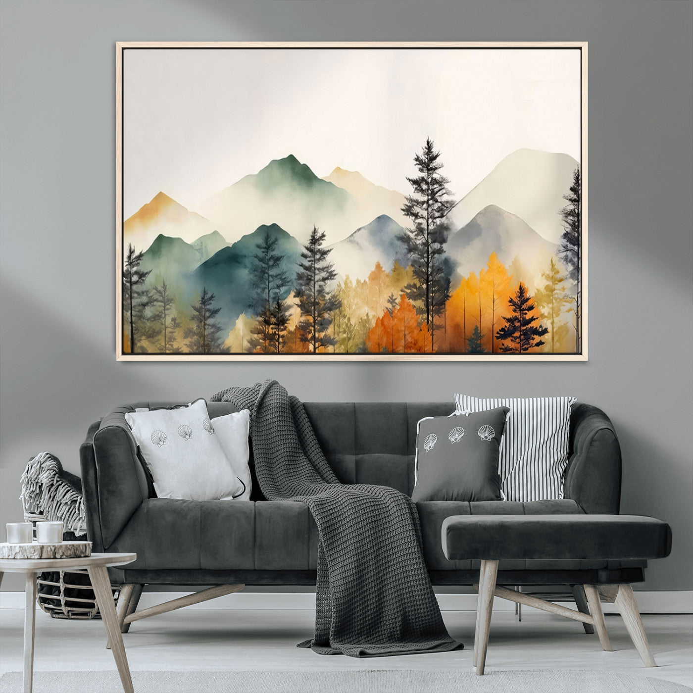 Abstract Watercolor Mountains and Trees Autumn Wall Art,