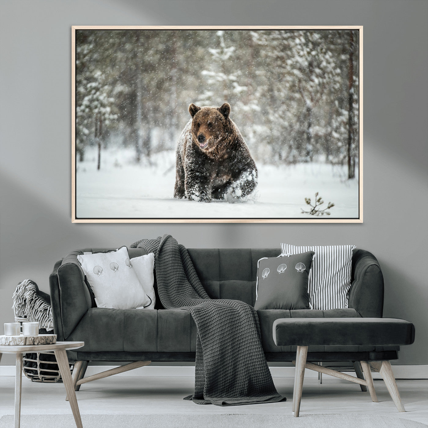Grizzly Bear Wall Art – Framed Snowy Forest Canvas Artwork,