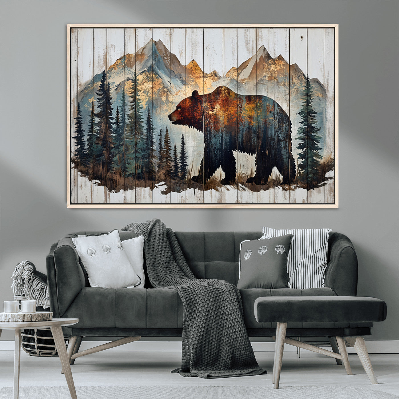 Rustic Grizzly 399 Bear and Mountain Wood Canvas Wall Art -