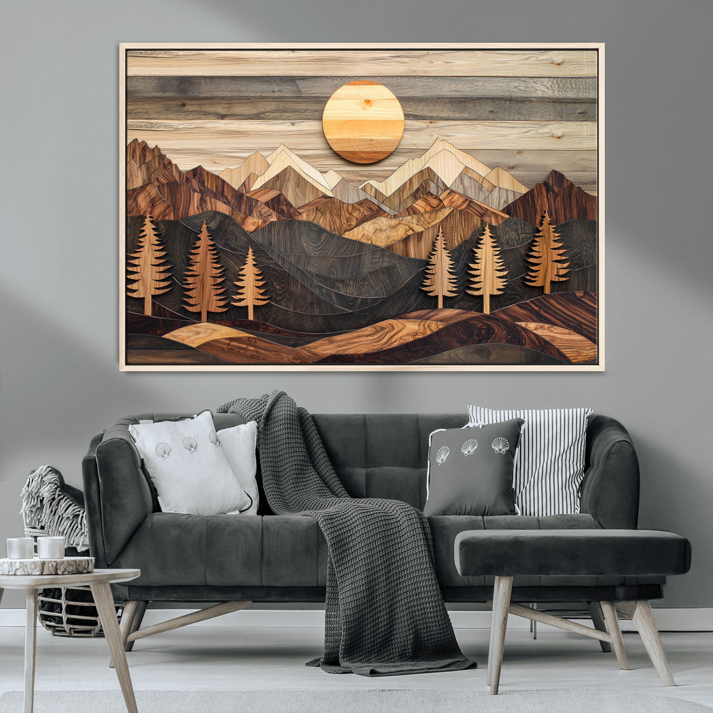 Wooden Mountain Layers Art – Rustic Pine Tree Landscape