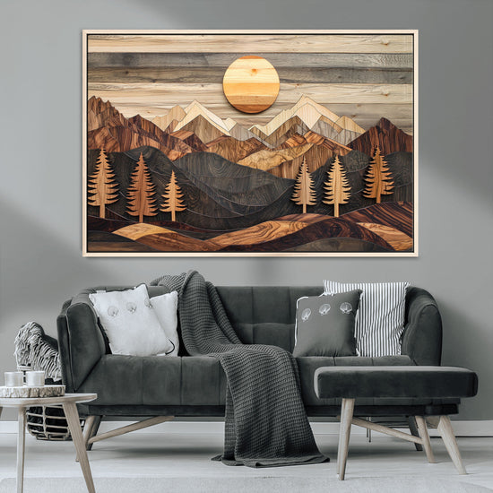Wooden Mountain Layers Art – Rustic Pine Tree Landscape