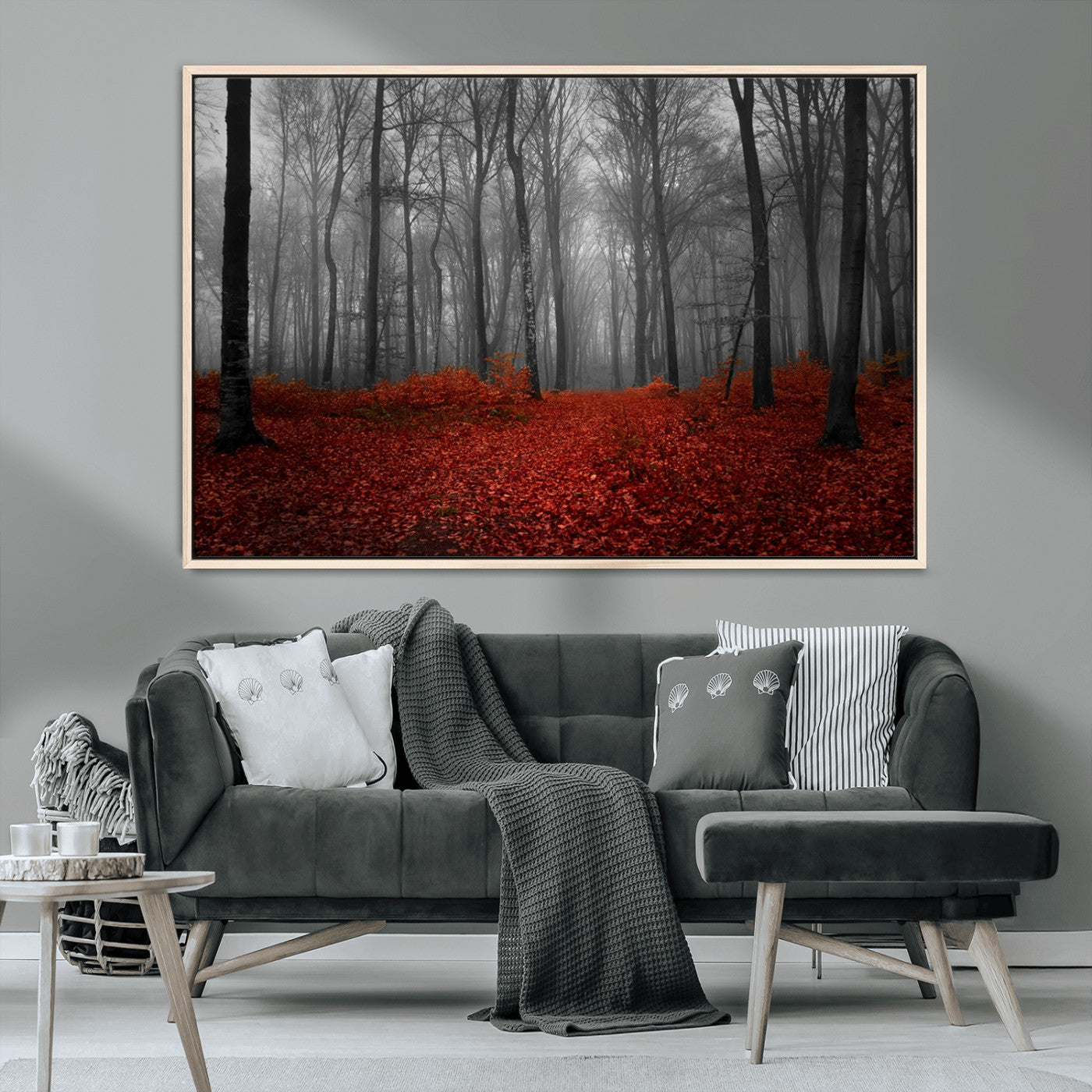 Red Forest Floor Canvas Wall Art – Mystical Foggy Woodland