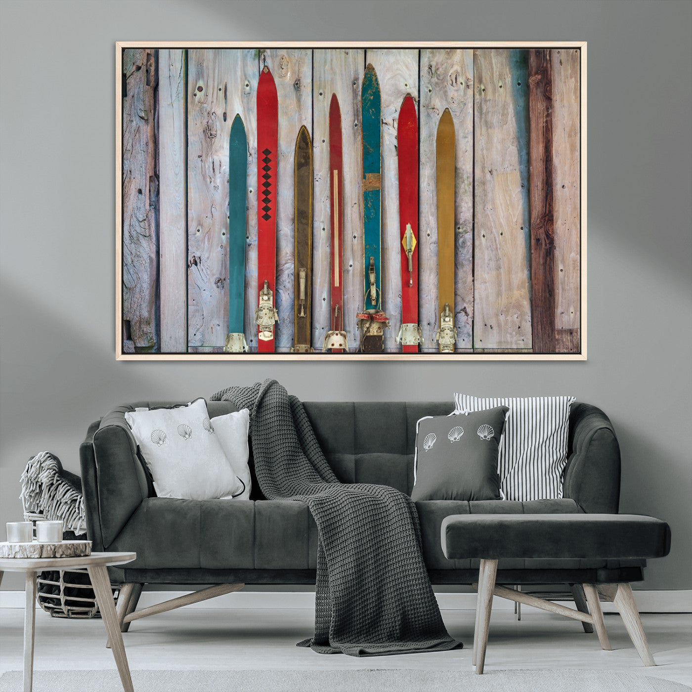Vintage Wooden Weathered Ski's in Front of an Old Barn Wall