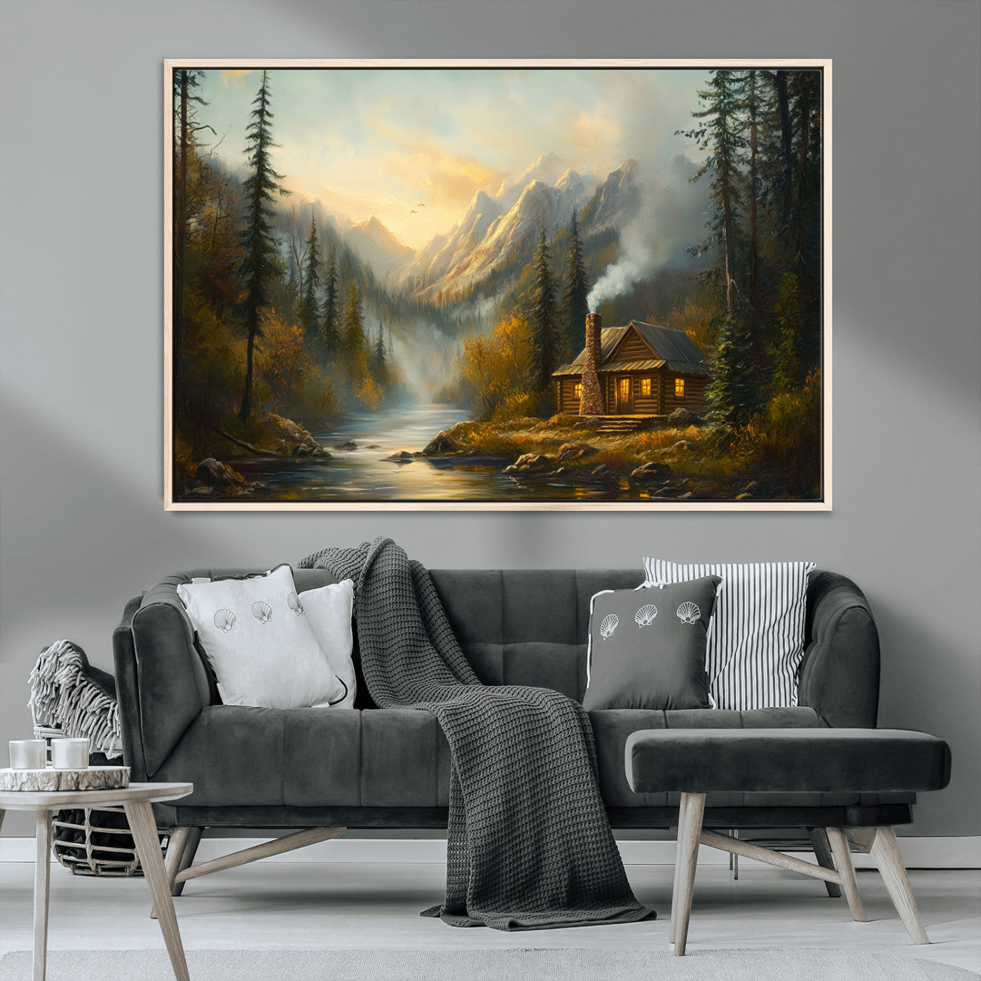 Wood Cabin Retreat Mountain at Sunset Wall Art Print -