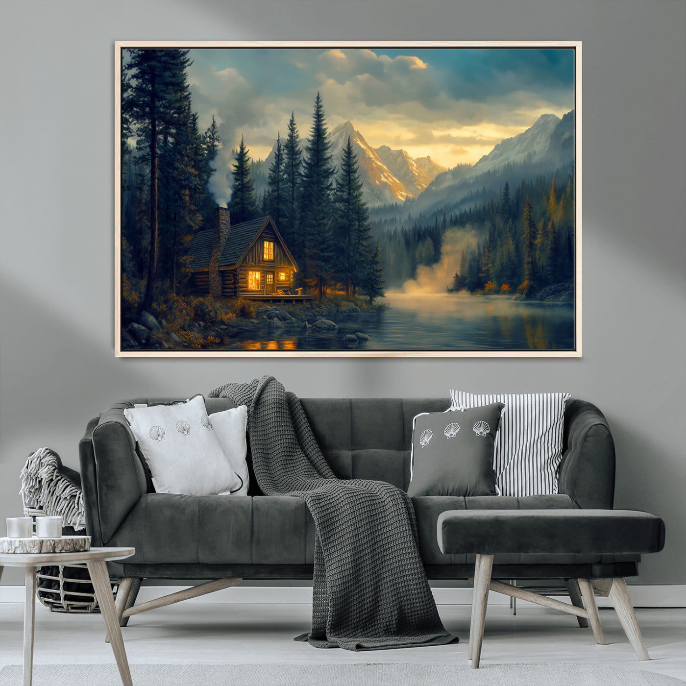 Mountain Cabin by the Lake at Sunset Wall Art - Serene