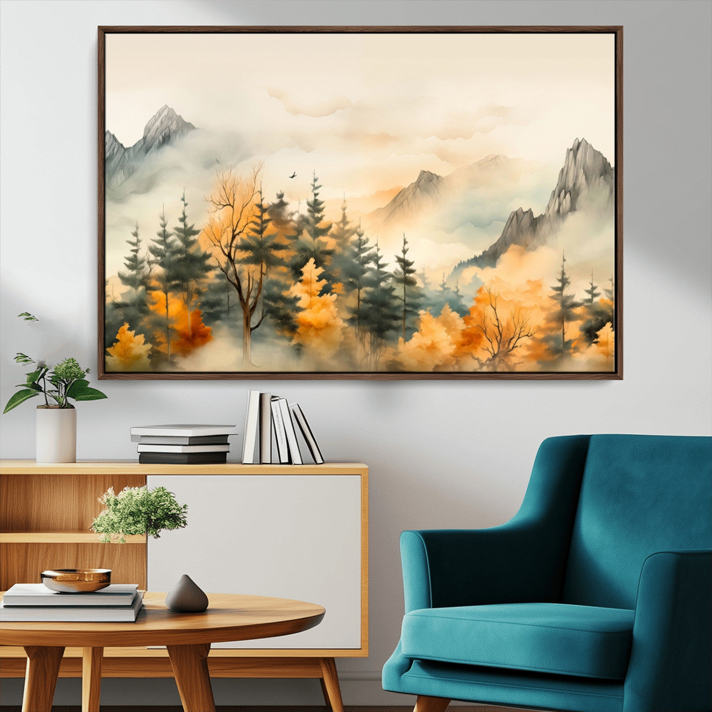 Abstract Watercolor Mountains and Trees Autumn Art,