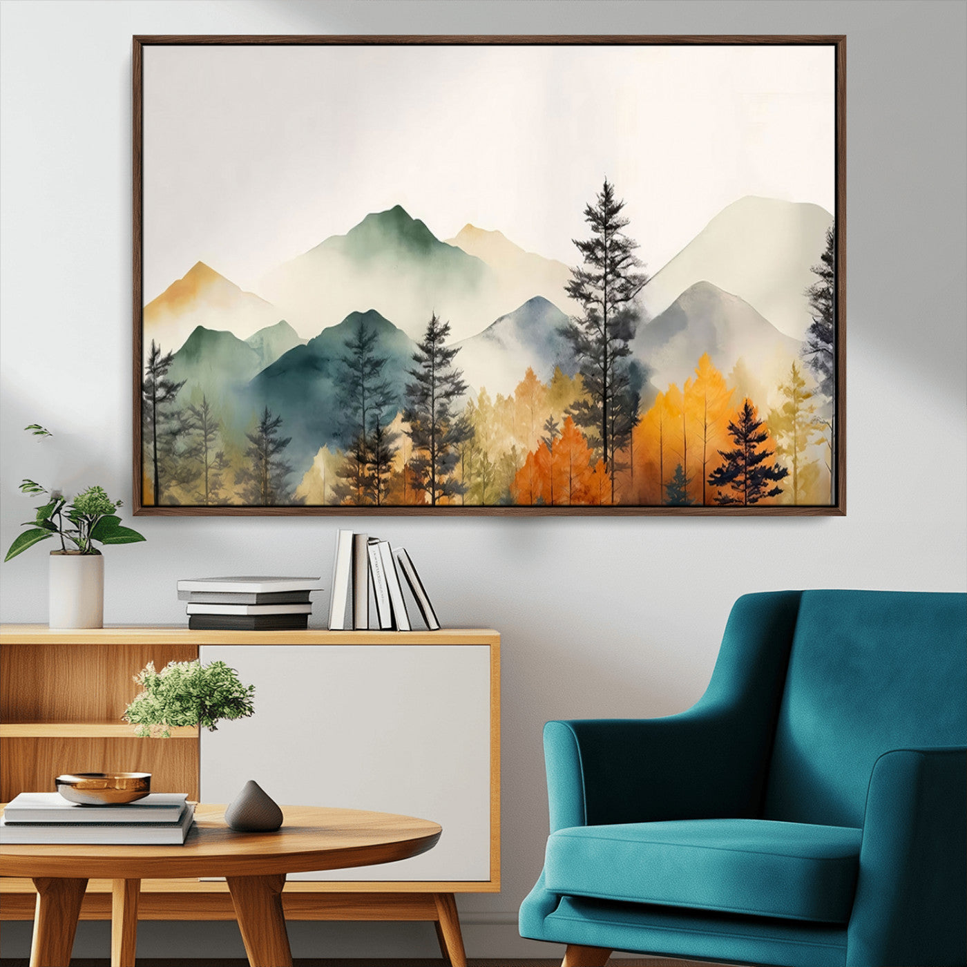Abstract Watercolor Mountains and Trees Autumn Wall Art,