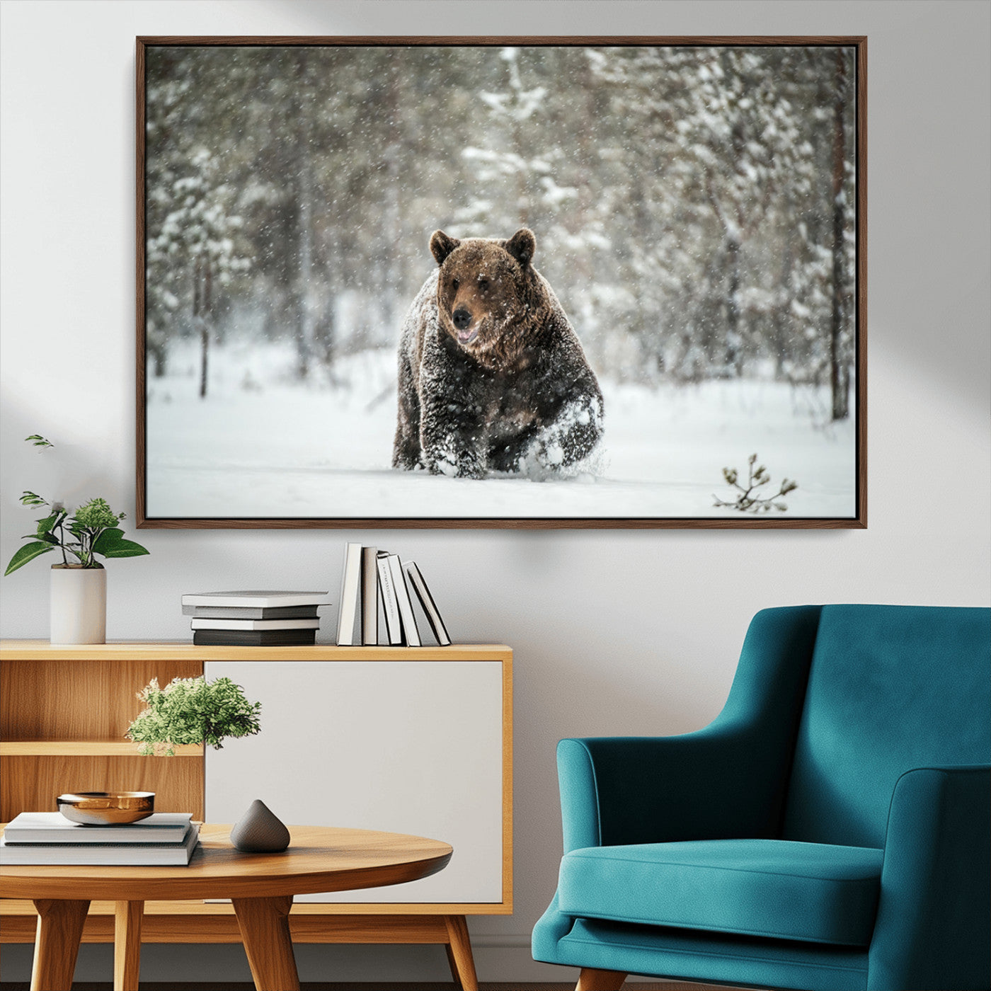 Grizzly Bear Wall Art – Framed Snowy Forest Canvas Artwork,