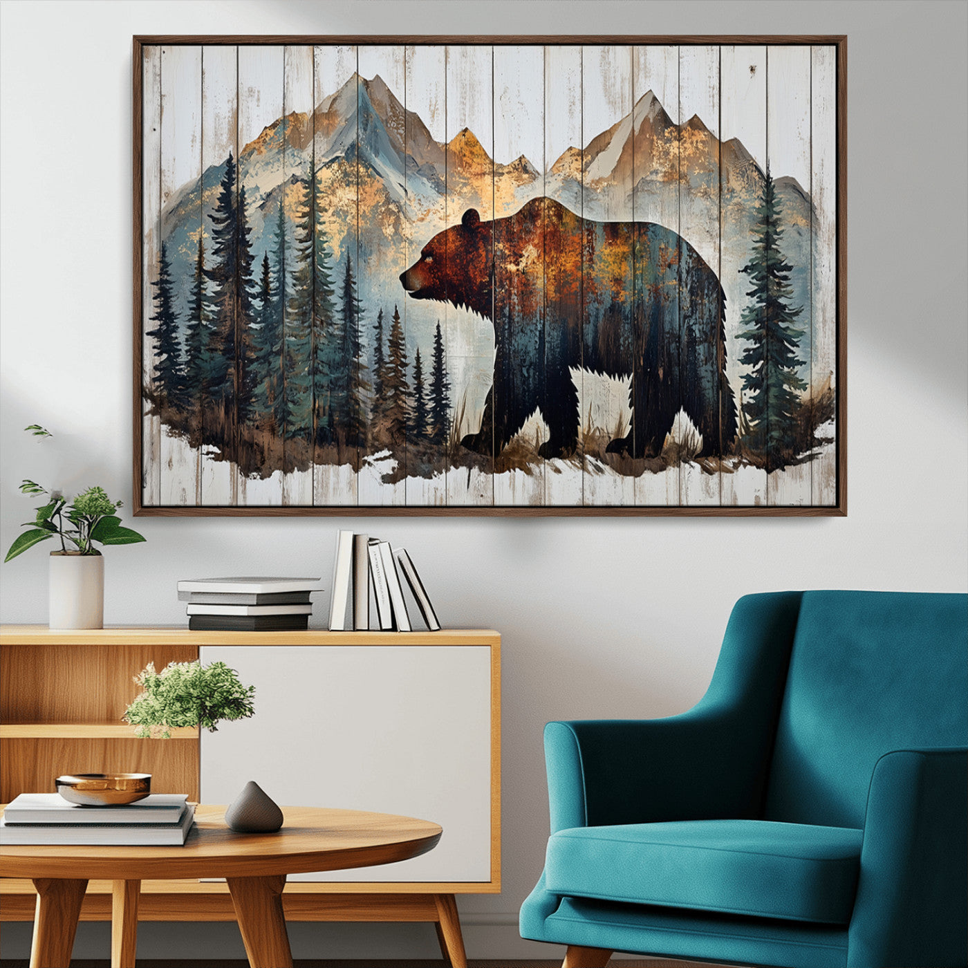 Rustic Grizzly 399 Bear and Mountain Wood Canvas Wall Art -