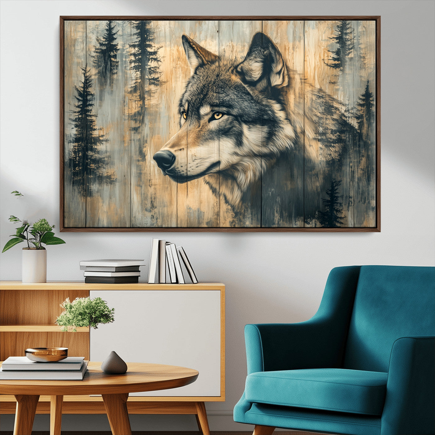 Wood Style Rustic Wolf Wall Art Canvas Print, Vintage