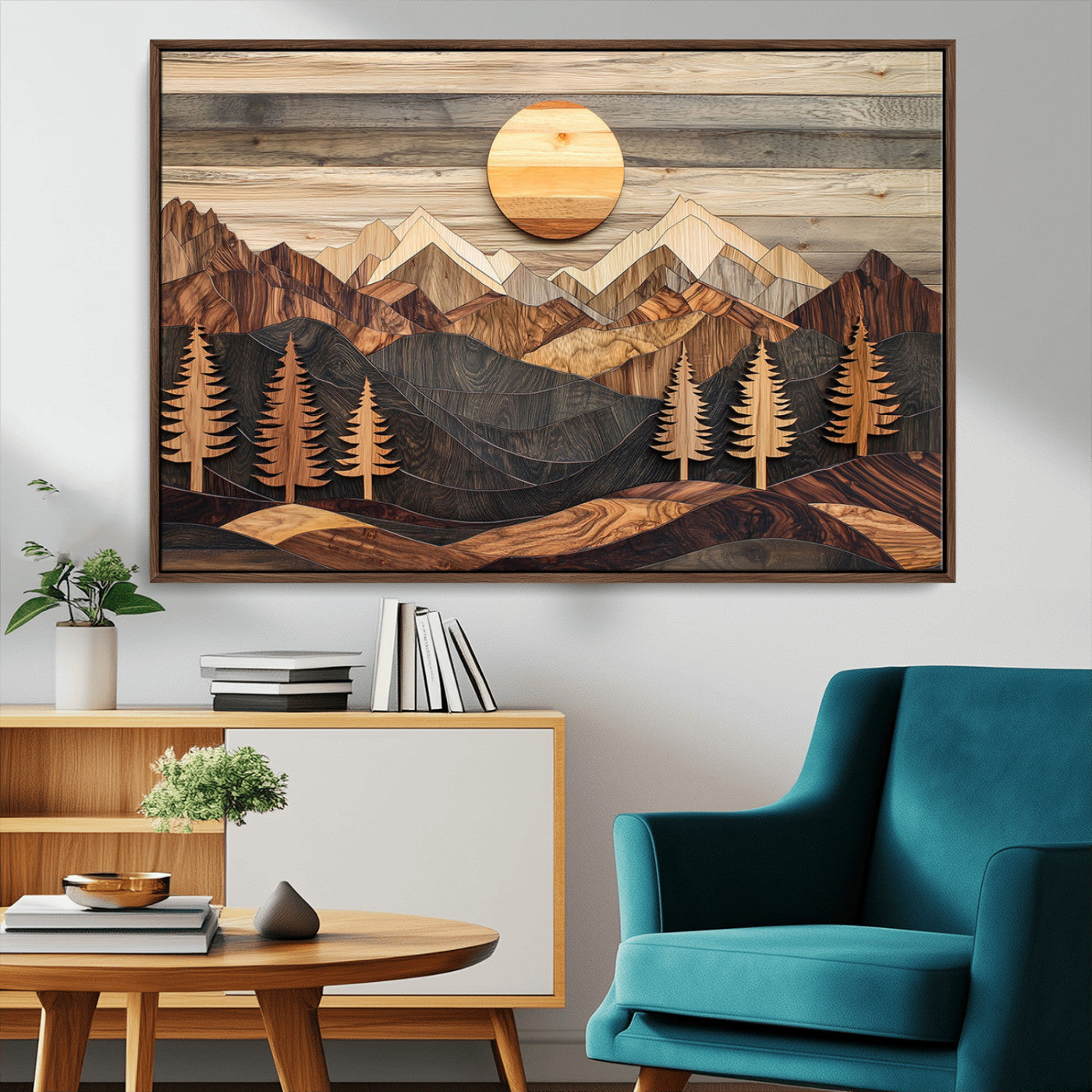 Wooden Mountain Layers Art – Rustic Pine Tree Landscape
