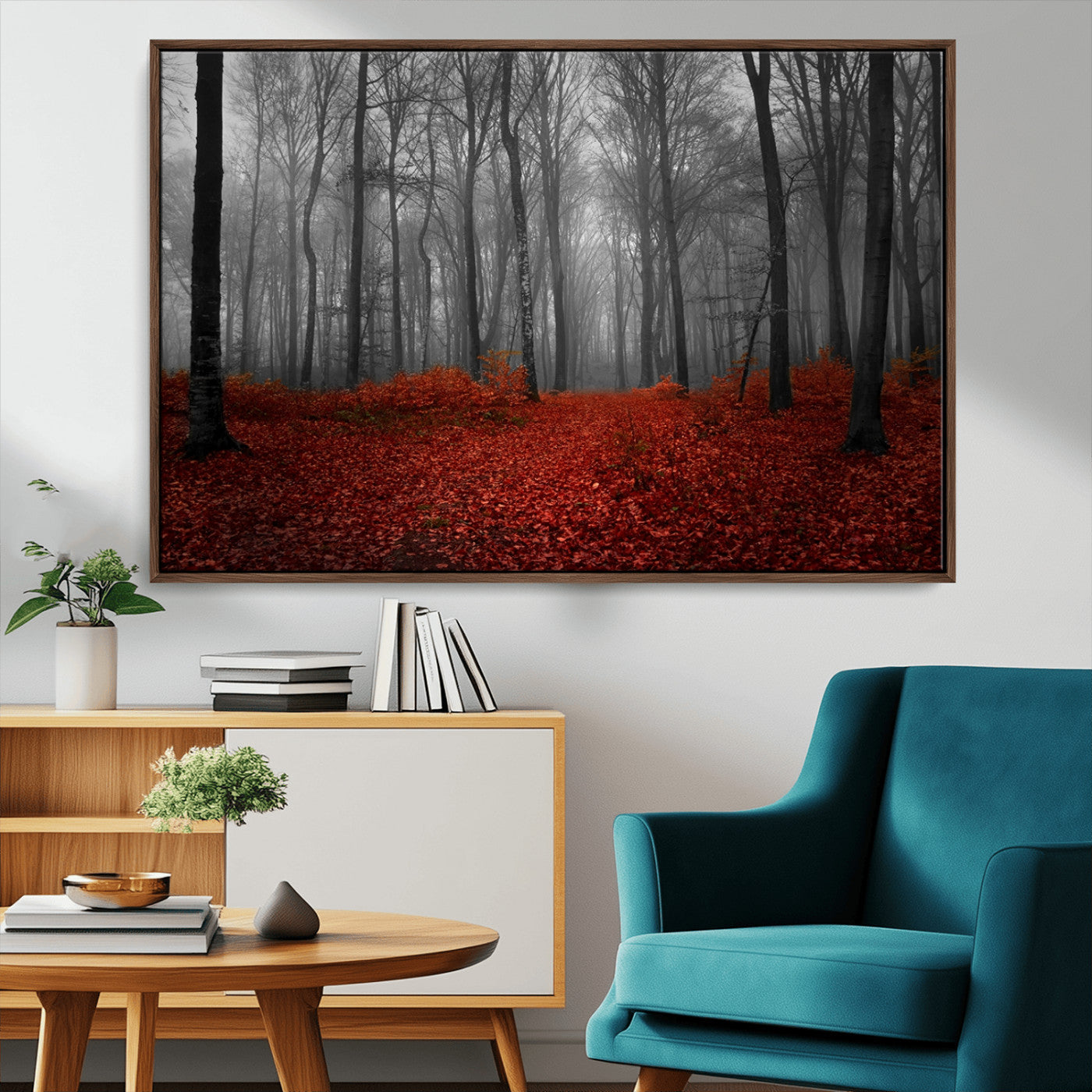 Red Forest Floor Canvas Wall Art – Mystical Foggy Woodland