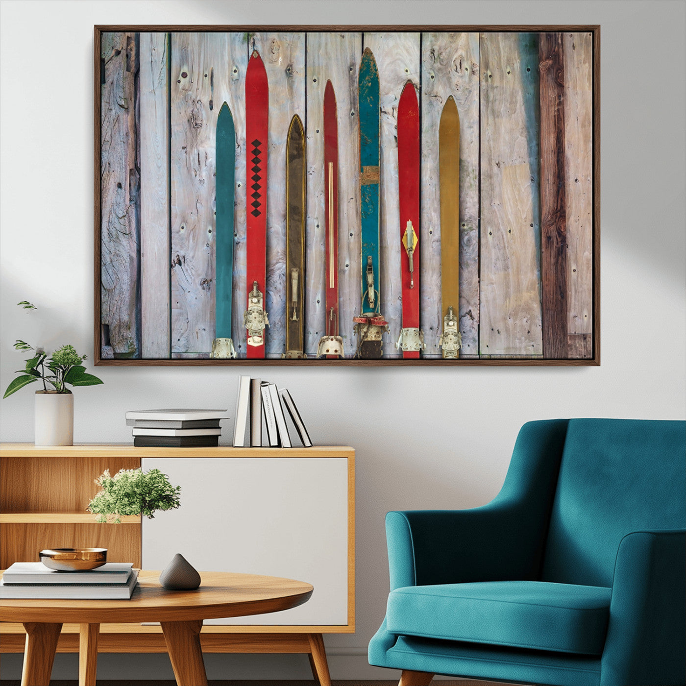 Vintage Wooden Weathered Ski's in Front of an Old Barn Wall